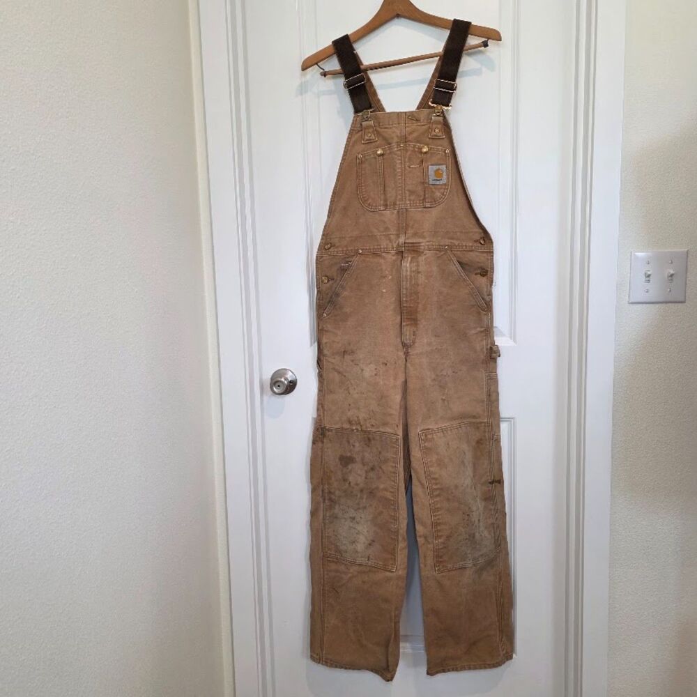 Carhartt R01 BRN Duck Canvas Overalls 32x32 Thrashed Distressed Workwear Utility